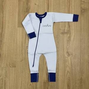 NEW SAPLING ORGANIC embroidered zip romper in blue sunshine
